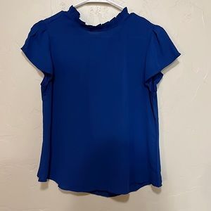 Blue Blouse with Ruffled Neckline